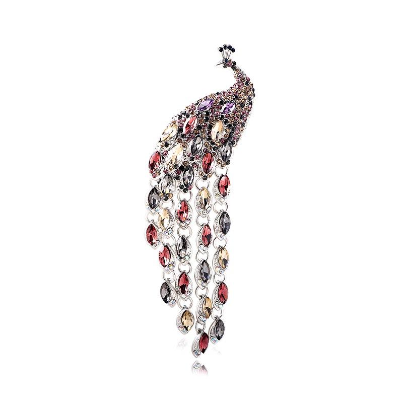 

Elegant Rhinestone Peacock Brooches for Women Large Crystal Long Thread Tassel Brooch Pins Accessories Jewelry High Quality