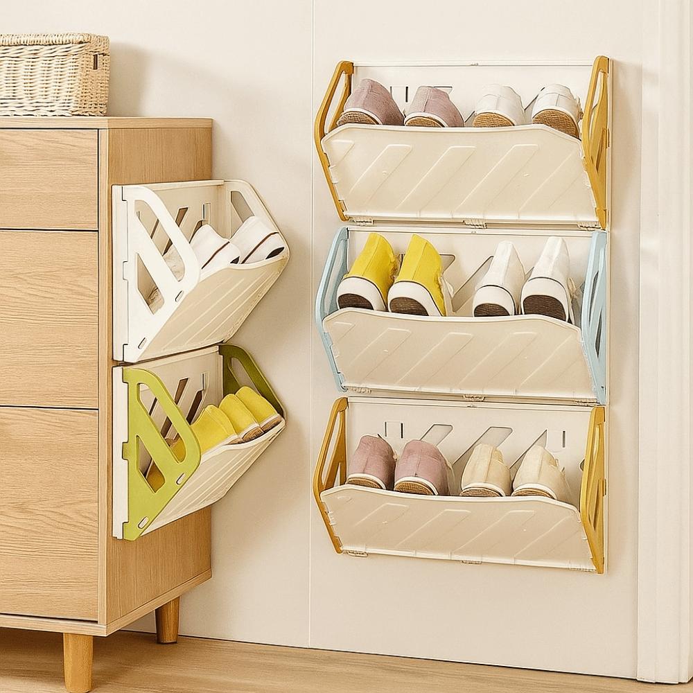 Practical Plastic Folding Shoe Rack Large Capacity Space Saving Wall-Mounted Shoe Rack No Punching Hidden Storage Shelf Entryway