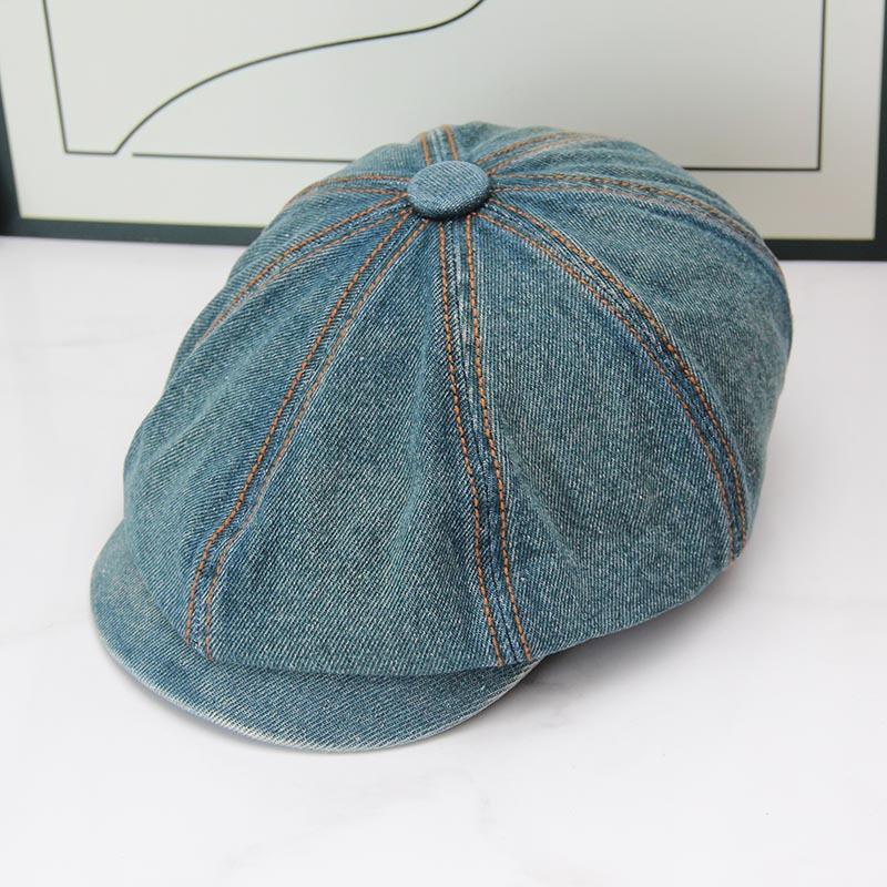 Cappello a visiera in denim lavato e invecchiato, circonferenza testa grande, berretto ottagonale anti, cappello da strillone pittore retrò versatile per bambini