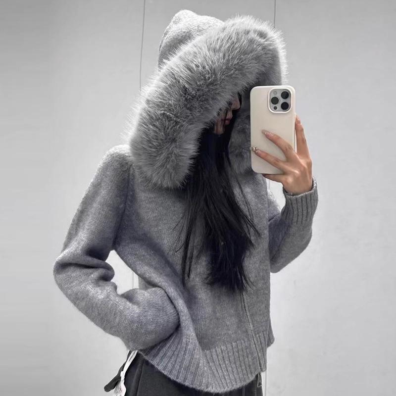 2025 A/W Women's Retro Loose Long Sleeve Knit Cardigan with Fur Collar Hood