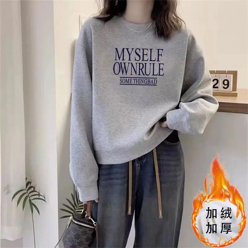 

Round Neck Pullover Casual Loose Korean Printed Sweatshirt Ins Trendy 2025 Autumn Winter New Style Plus Velvet Thickened L сірий колір