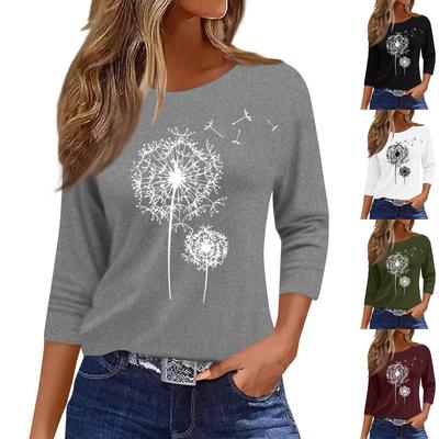 Women's Fashion Casual Round Neck 3/4 Sleeve Loose  Printed T-Shirt Ladies Top