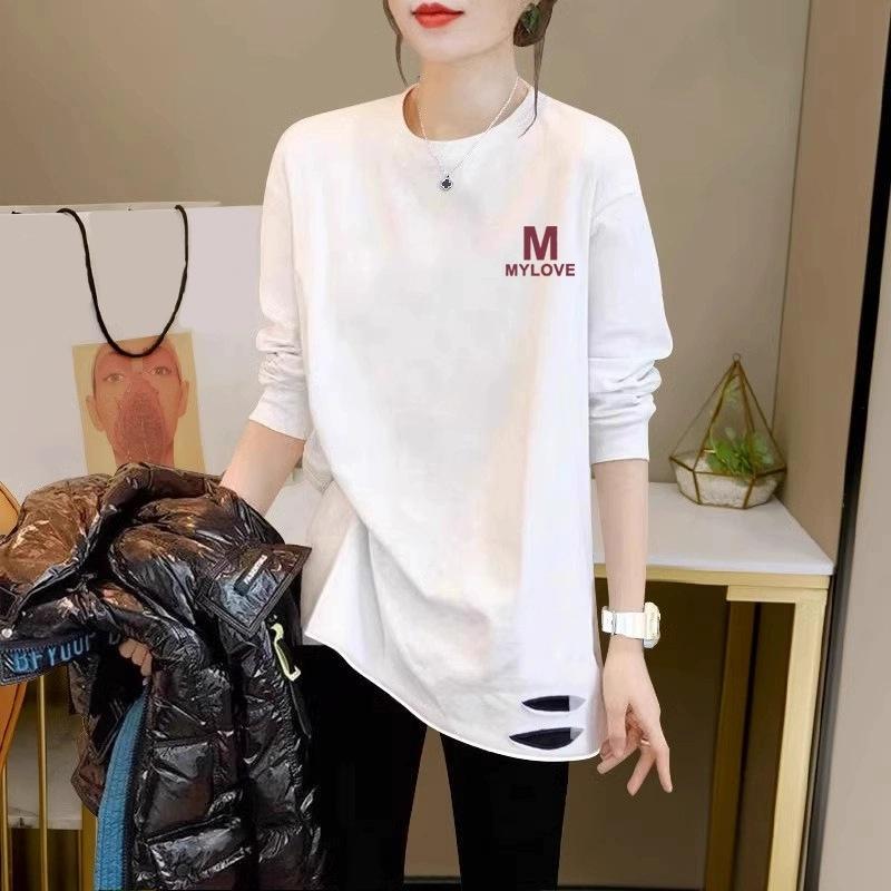 Early Autumn New Mid-length White Bottoming Shirt for Women Loose Inner Layered Pure Cotton Long-sleeved Top with Shark Pants