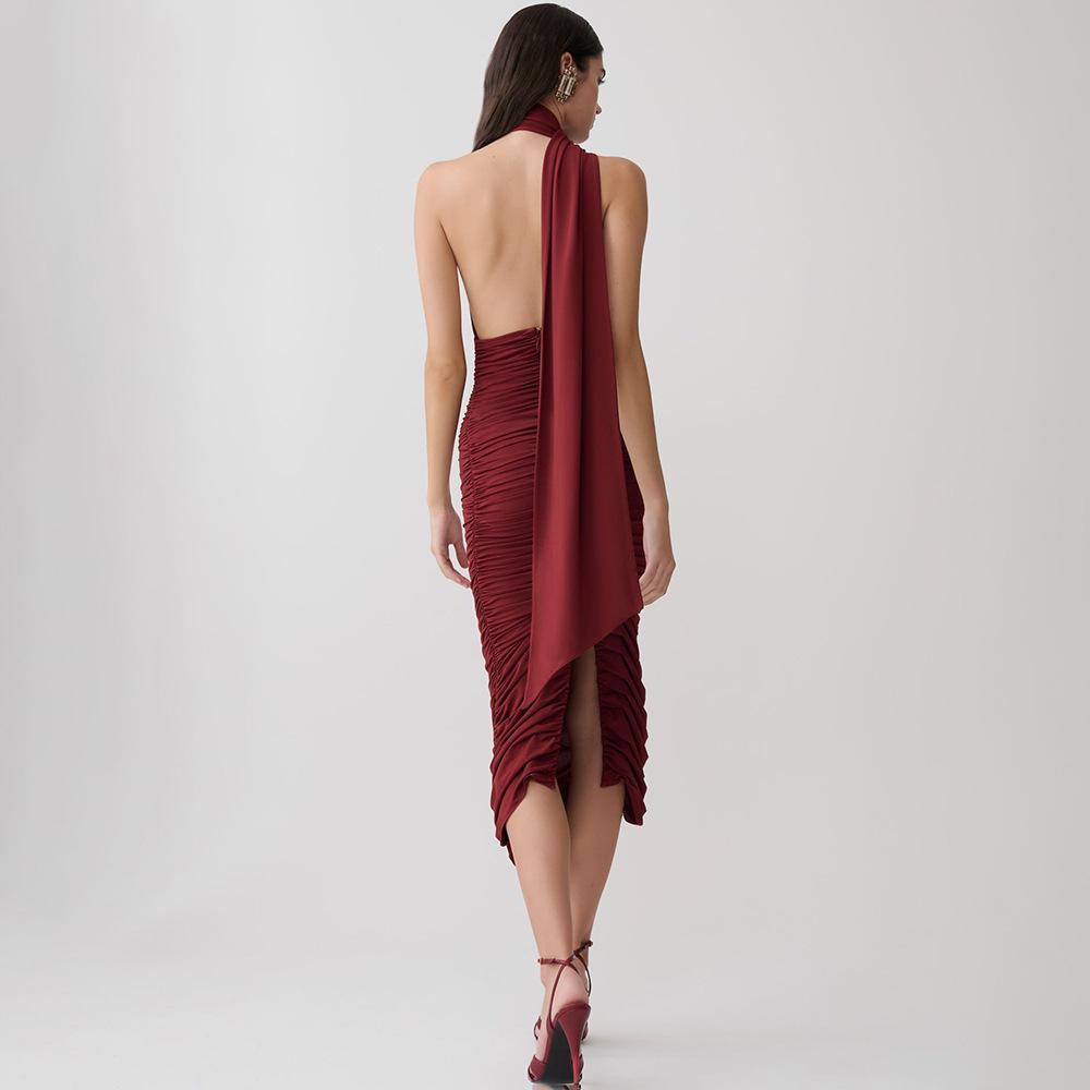 Women's Autumn New Product Solid Color Neck Design Backless Pleated Waist Thin Split Dress