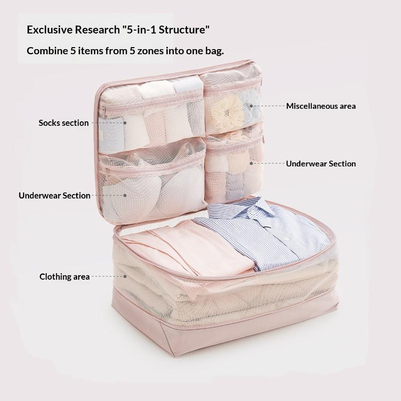 5 In 1 Compression Packing Cubes Travel Luggage Organizer Multi Pocket Clothes Storage Accessories