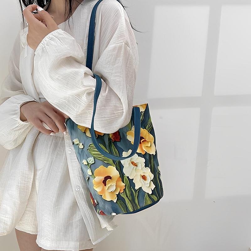 Floral Pattern Canvas Bucket Bag Women'S Shoulder Bag Casual Large Capacity Handbag