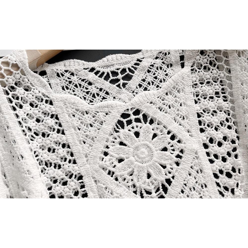 DIMANAF 2024 T-Shirt Women Knitting Lace Vest O-Neck Hollow Summer Style Long Sleeve Basic White Tops Tees Loose Clothing Bei