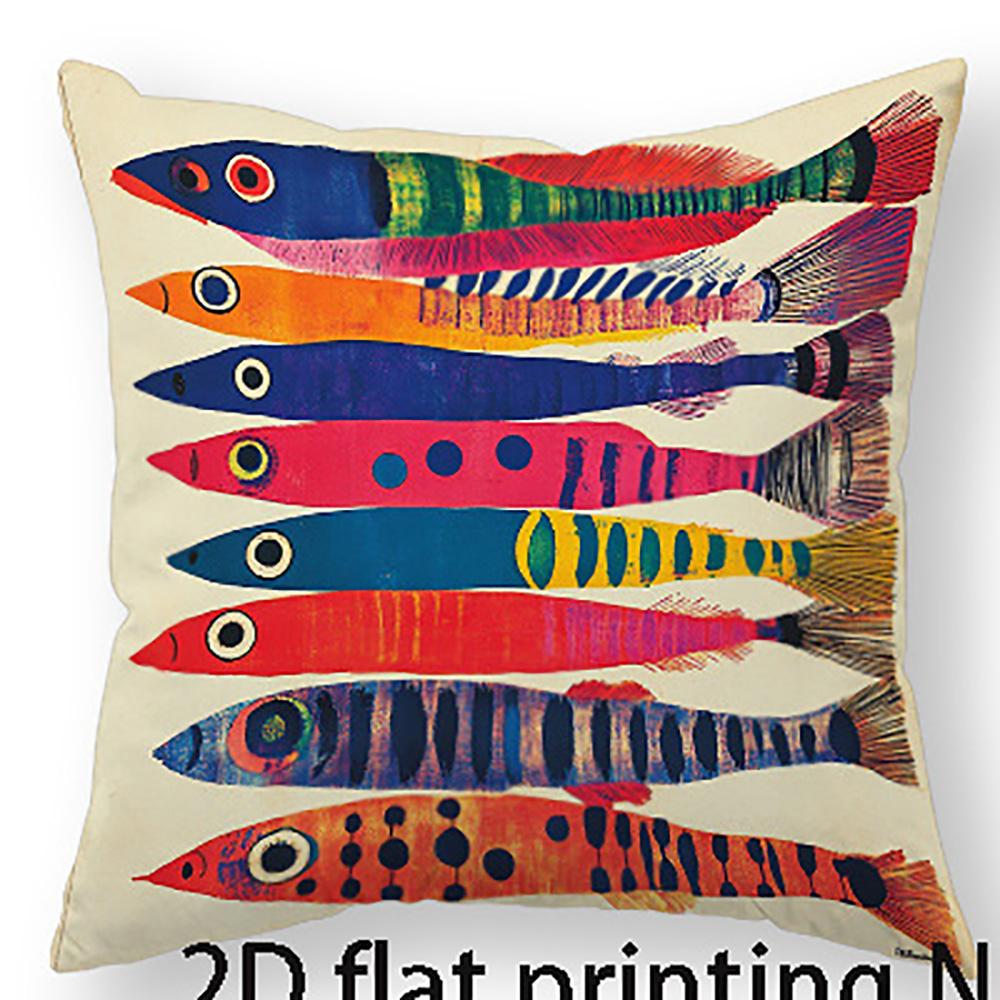 1/4pcs 2D Flat- Boho Folk Art Colorful Fish Print Square Throw Pillow Cover Home farmhouse outdoor decoration cushion cover