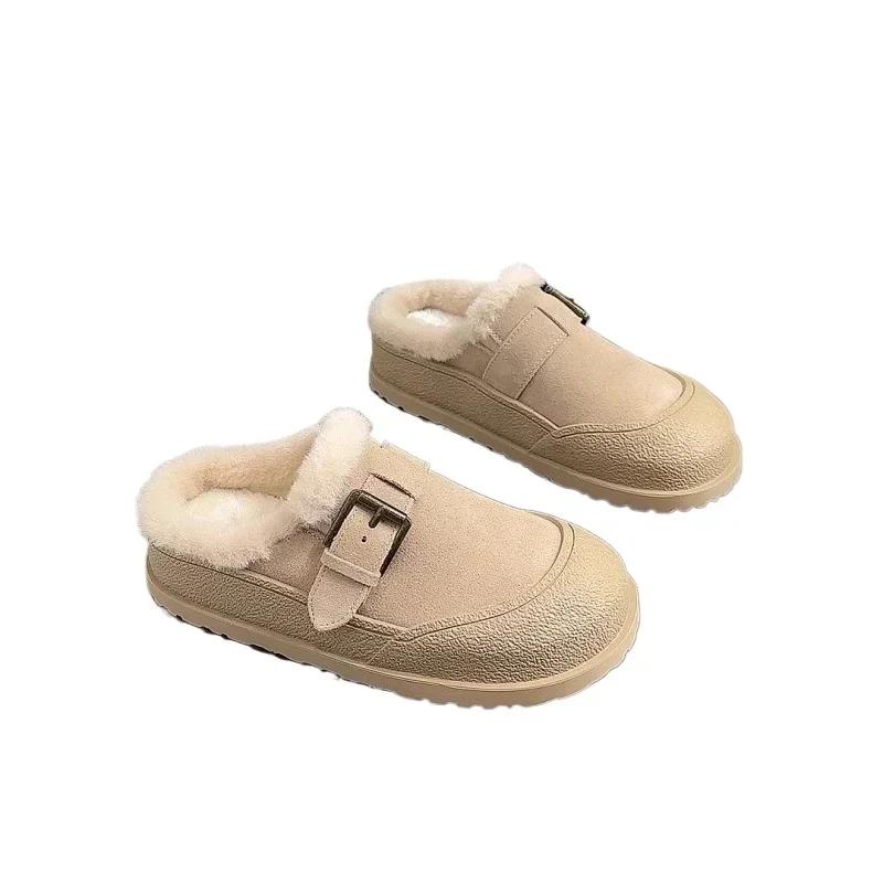 Fashion Lady Winter Shoes Warm Long Fur Inside Fashion Solid Khaki Color Woman Light Footwear Designer Suede Leather Shoes Slip-On Shoes