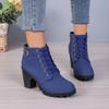 Fashion Spring New Chunky Single Boots Women's Fashion Round Head Deep Cut Front Lacing Side Zipper Platform Heels
