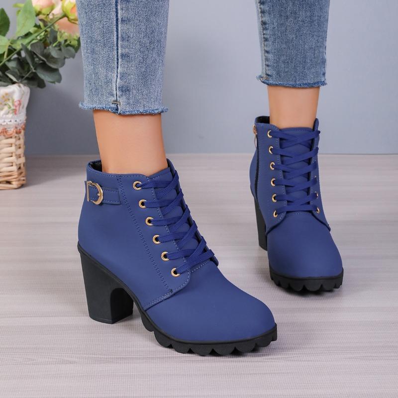 Fashion Spring New Chunky Single Boots Women's Fashion Round Head Deep Cut Front Lacing Side Zipper Platform Heels