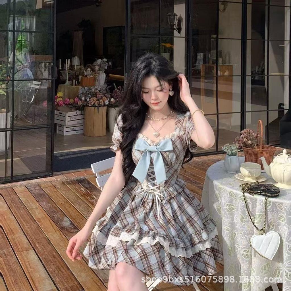 Large size women's French retro college style square neck bubble sleeve dress summer sweet bow plaid princess dress