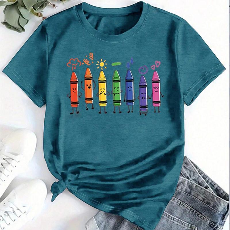 Mode Frauen süße Cartoon Crayon Print T Shirt lustige lässig O-Ausschnitt kurze Ärmel T-shirt Sommer weibliche T-Shirt