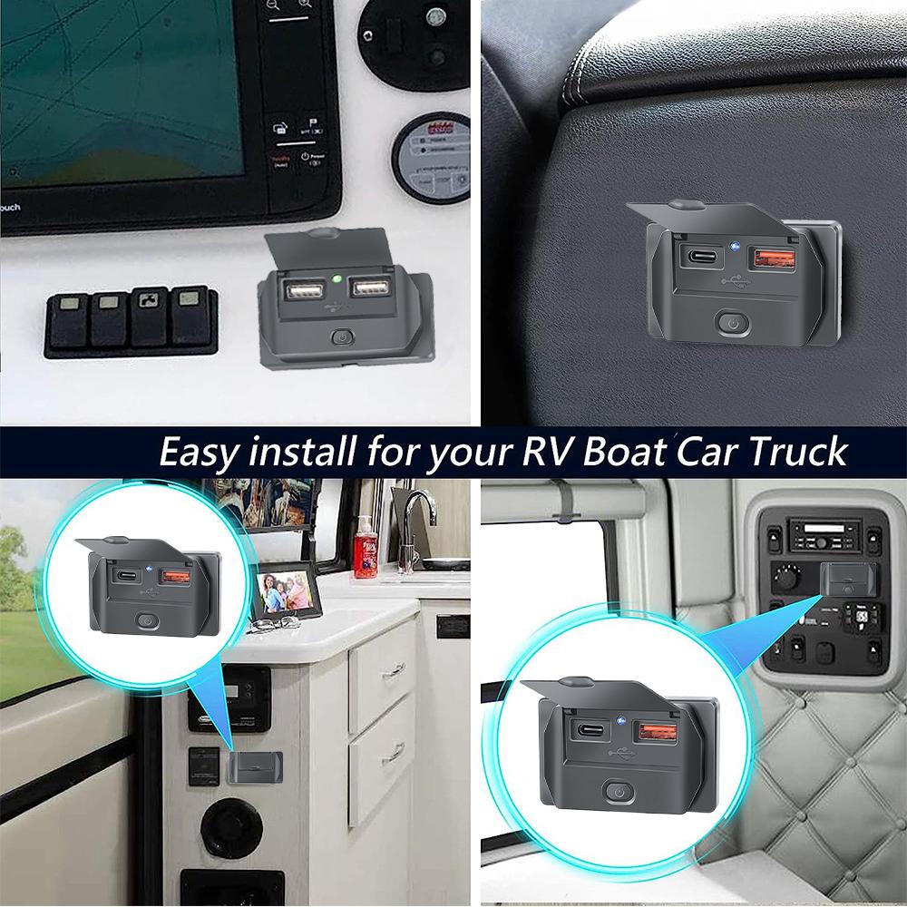 12/24V QC3.0 PD Car Charger Socket Quick Charge  Adapter  with ON/OFF &Dust Cover Waterproof for Bus RV Truck