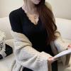 Women's V-Neck Long Sleeve Thermal Set: Warm Ginger Camellia Oil Cashmere Silk Base Layer with Slim Fit Trousers for Autumn.
