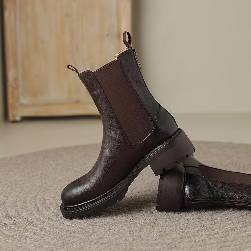 Krazing Pot Cow Leather Autumn Winter Shoes Round Toe Platform Plus Size Basic Clothing Thick Med Heels Slip On Chelsea Boots Women Ankle Boots