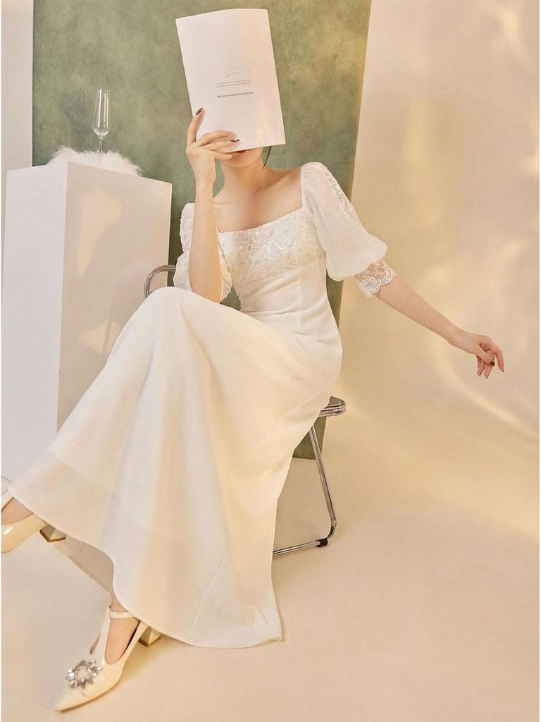 2026 Spring/Summer Luxury Chinese Style White Slimming Lace Dress for Women - P0109