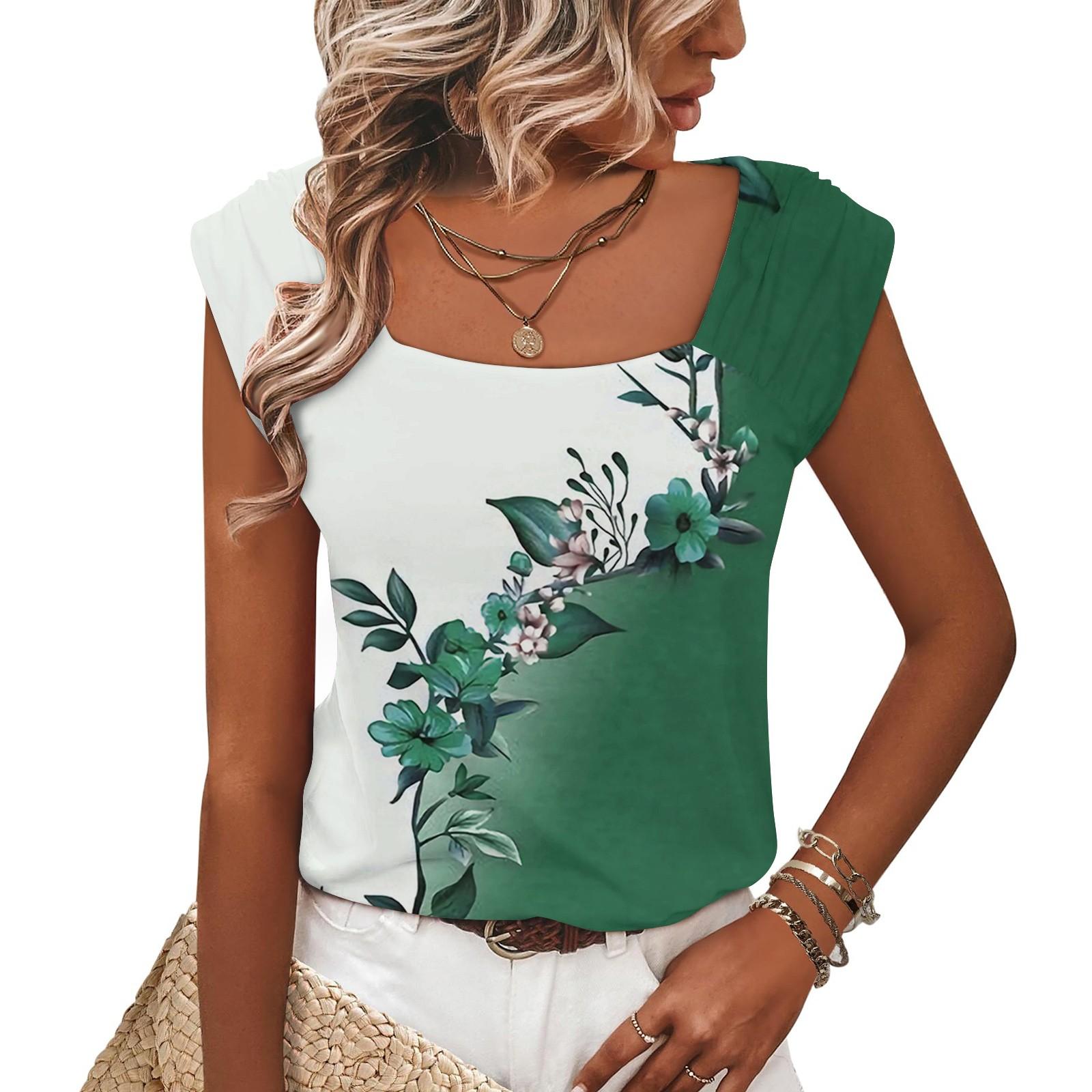 

Женский летний жилет с квадратным вырезом, свободная повседневная рубашка с короткими рукавами и принтом, топ L армия зеленый