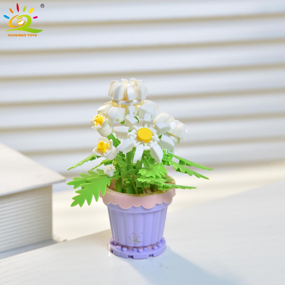 HUIQIBAO MOC Bouquet Potted Plant Micro Building Blocks Eternal Flower Model DIY Home Desk Decoration Brick Toy For Children