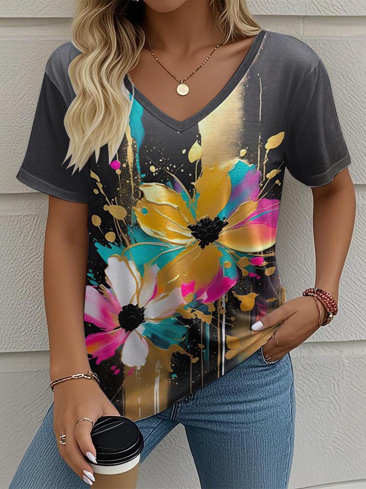 Flower Floral Painting 3D Print T-Shirts Women's V-Neck Short Sleeve T Shirt Y2K Oversized Tees Harajuku Tops Female Clothing