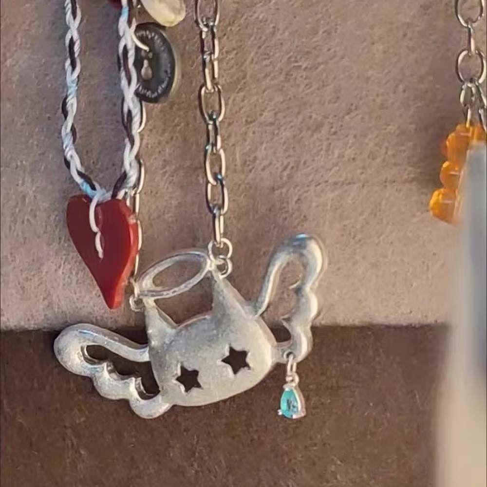 Silver Color Wing Cat Pendant Water Drop Necklace Punk Fashion Y2K Necklace  Women Girls