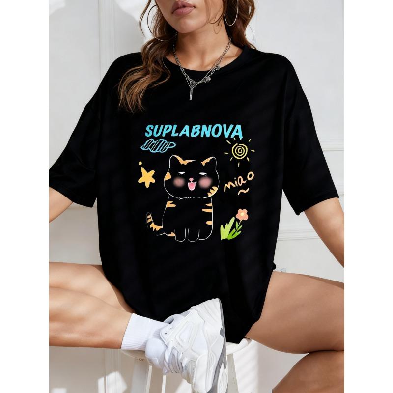 White Oversized T-Shirt With Cat And Suplabnova Print For Casual Wear