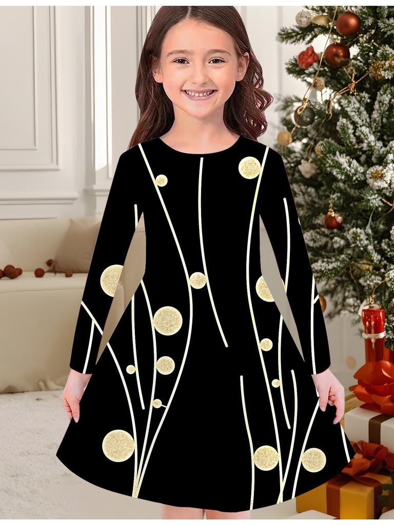 Girls' Autumn and Winter Fashion Dress, 3D Geometric Pattern Print  Round Neck Long Children's T-shirt Dress, Casual Versatile, Christmas Clothing