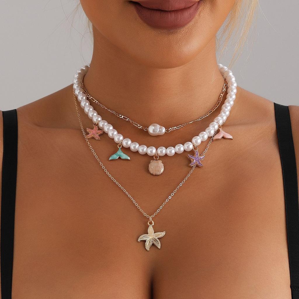 Beaded Pearl Baroque Ocean Wind Vintage Clavicle Chain Starfish Shell Pendant Necklace