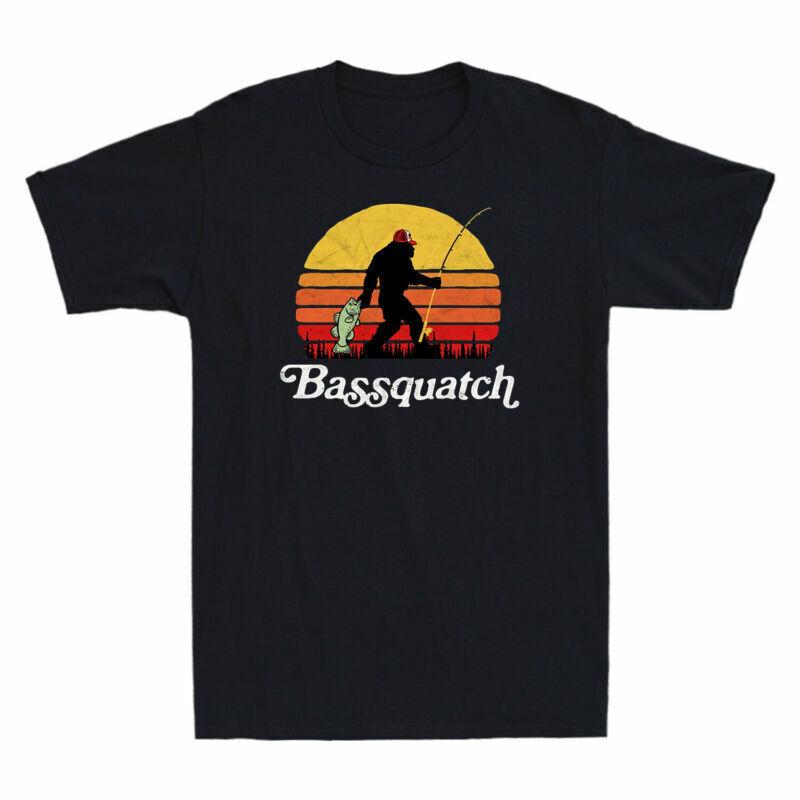 Retro Funny Bigfoot Cotton Tshirt Outdoor Sunset Black Bassquatch Fishing Unisexs S