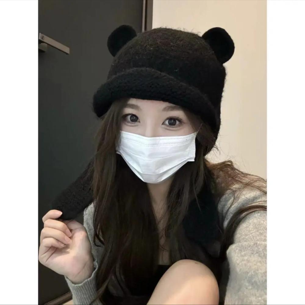 

New bear ears knitted women s autumn and winter cute warm ear protector hat shows the face small headgear student tide average size