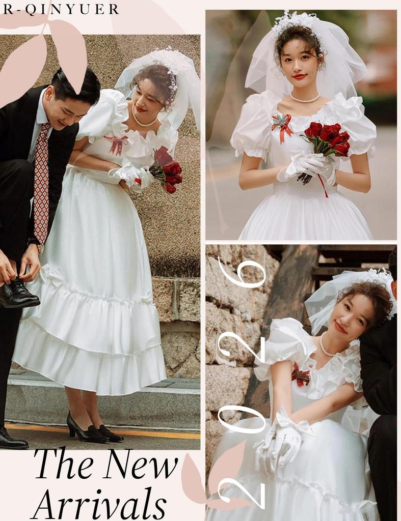 White Wedding Perfect for and Empire Puff Elegant Formal Dress R-QINYUER Women's Dress, Weddings, Bridal, Parties, Knee-Length, Line, Sleeves, (Size