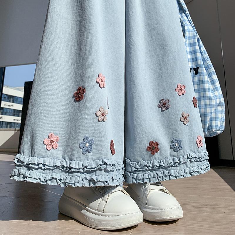 Japanese Mori Girl Spring Summer Women Straight Pants Elastic Waist Apricot Blue Washed Cotton Wide Leg Pants Floral Embroidery Ruffles Trousers