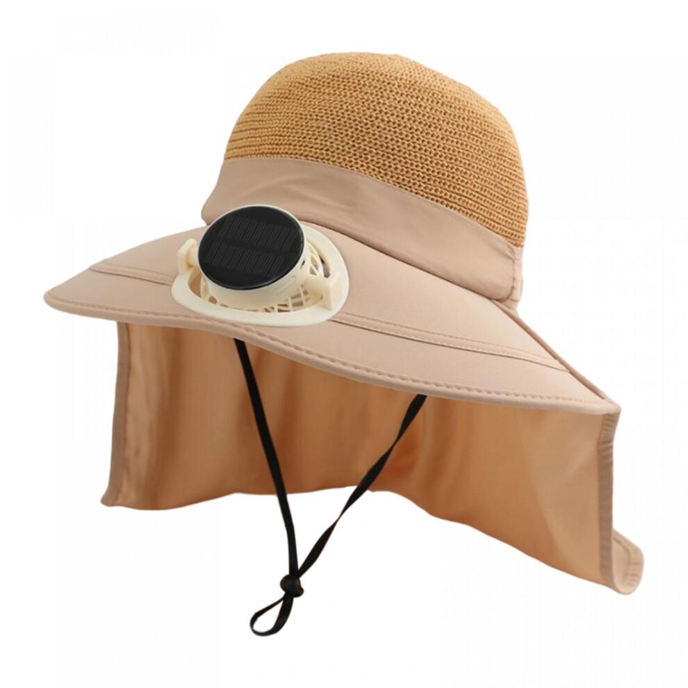 (XS, Khaki) Adults Wide Brim Sun Hat with Solar Fan UPF Protection Fisherman Hat for Hiking, Outdoor