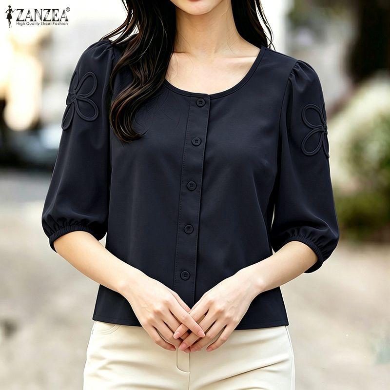 ZANZEA Women Casual Round Neck Solid Color Loose Half Sleeve Blouse