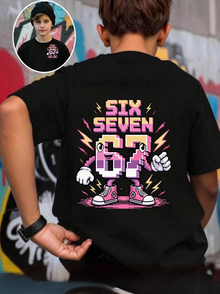 Six Seven 67 Italian Brainrot Funny Kids Short Sleeve T Shirt Summer Crewneck Cute Cartoon Hot Age 3-14 Boys Girls