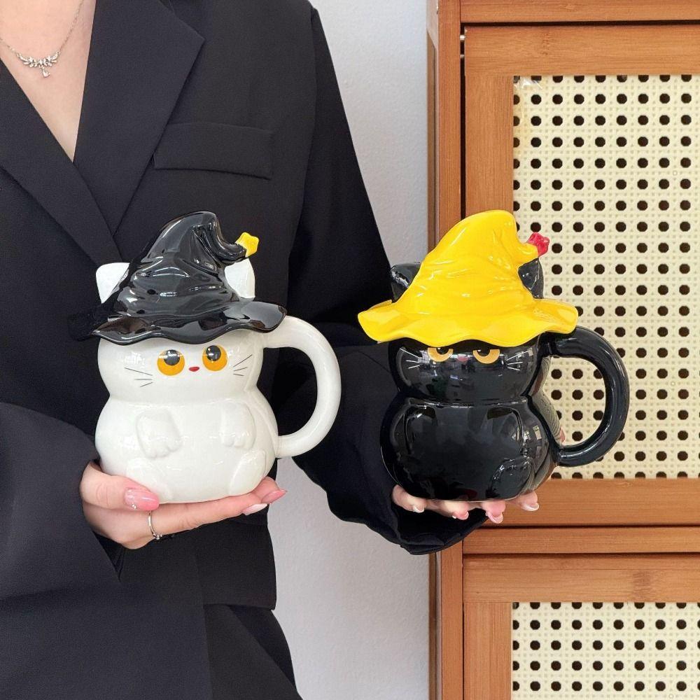 With Lid Ceramic Ghost Cat Mug 450ml Magic Kitty Coffee Cup Magic Hat Milk Cup Afternoon Tea