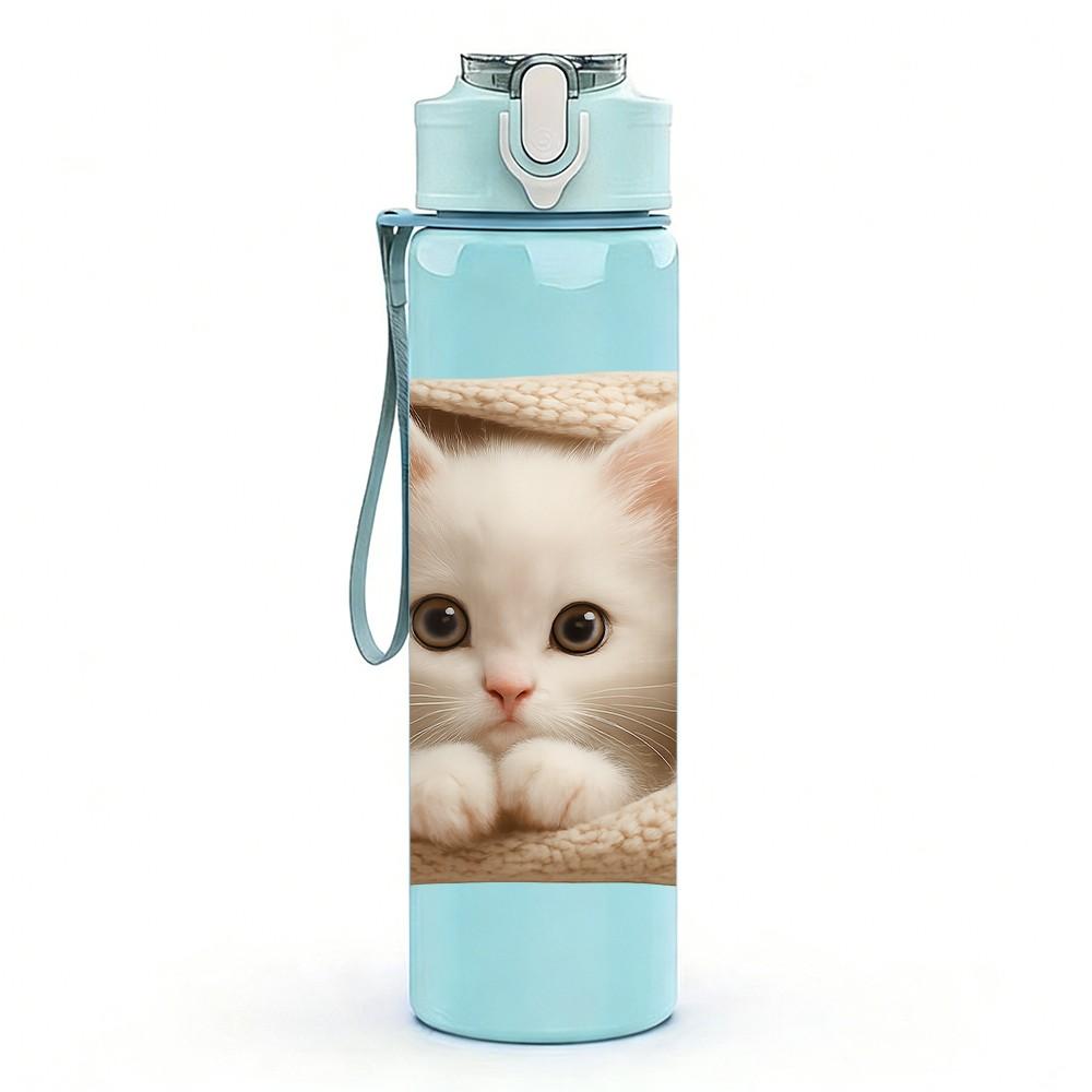 1PC Fluffy White Kitten Sleep 750ml Color Plastic Sports Water Bottle Leakproof Flip Straw Lid Suitable for Sports Office Home Use