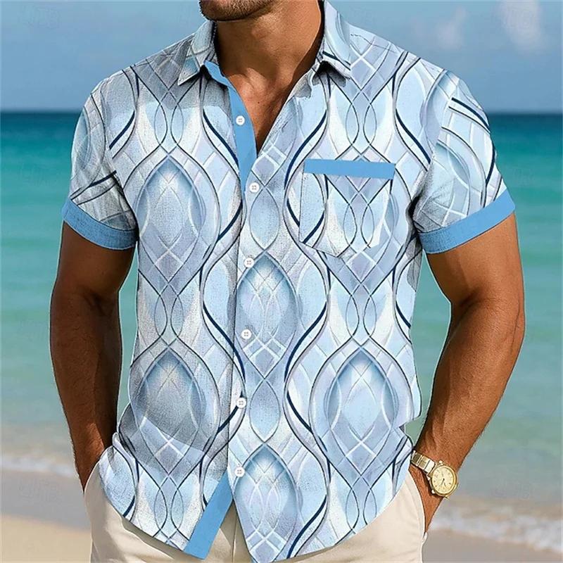 

Fashion Casual Men s Geometric Color Block Sleeve Daily Shirt Button Up Shirt Casual Daily InSummer 3XL синій