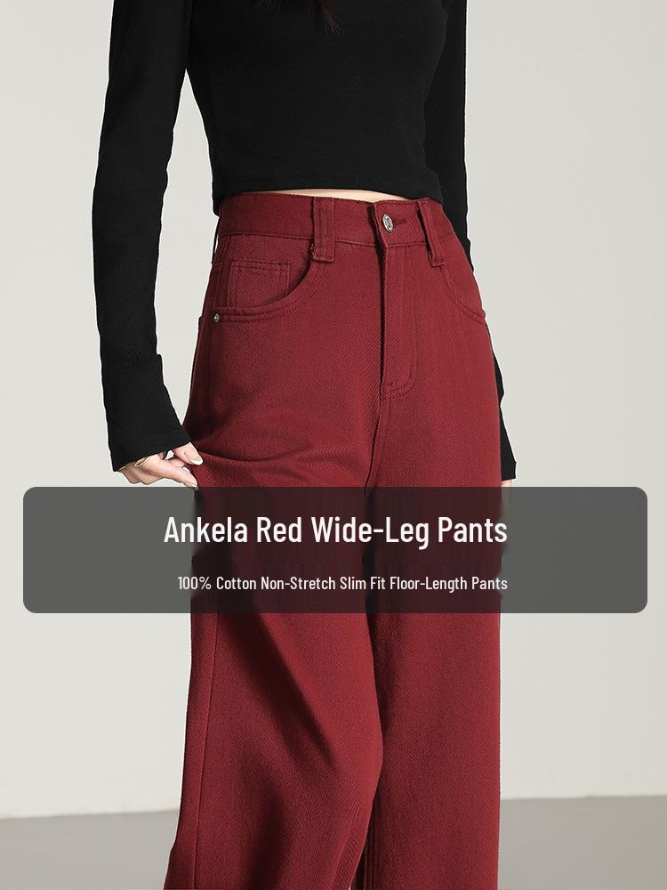 Ancola Red High-Waisted Floor-Length Wide-Leg Slimming Pants, 2025 Spring Women's Collection