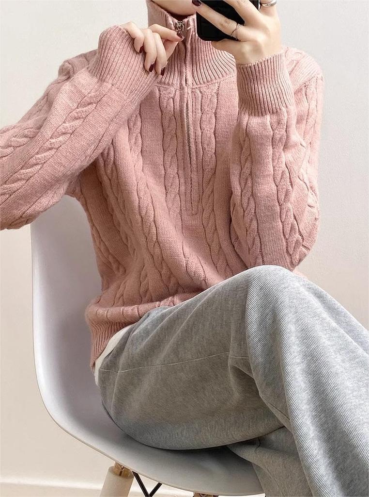 Hanmall Jersey de Invierno Largo de Punto con Logo, Cremallera Alta, Canalé, para Mujer, Estampado, Manga, Top, Cuello, cierre, Informal, Grueso, Tejido, Elegante, Lindo, Suave,