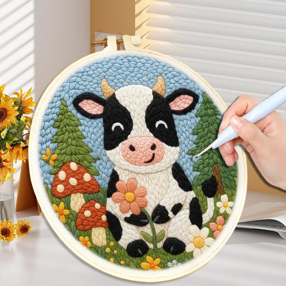 DIY Punch Needle Kits for Beginners Cute Cartoon Cow with Daisy Flower with Hoop Punch Needle Starter Craft Embroidery Set