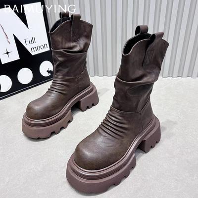 Plateforme Bottes Mi-Mollet pour Femmes Talons Hauts Cuir Chaussures de Créateur Nouvelle Marque Tendance Hiver Rétro Bottes de Moto Zapatos Femme