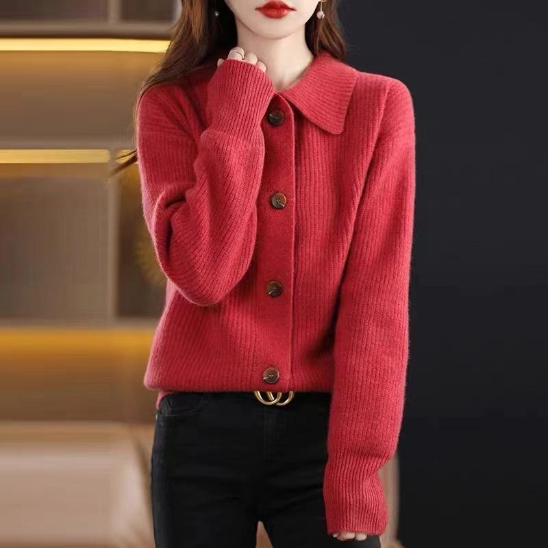 

Autumn New Gentle Retro Solid Color Collar Knitted Cardigan Women s Sweater Loose Sweater Coat S червоний