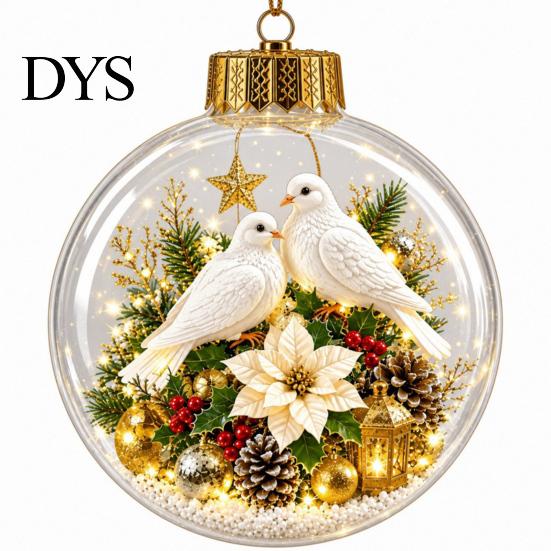 Christmas Party Hanging Trinkets 3D Faux Crystal Ball Ornaments with Warm LED Holiday Character Figurines Lights, Luminous Tree Pendant for Home Decor