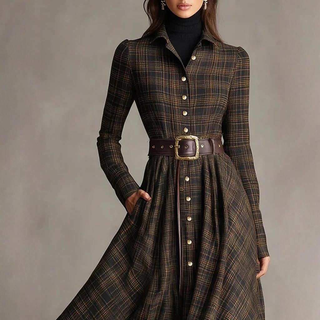 Damen kariertes Hemdblusenkleid, V-Ausschnitt, einreihig, mit Schlitz, Maxikleid