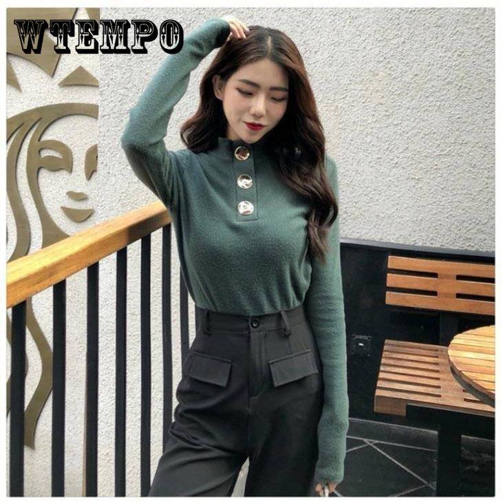 

Сплошной цвет Тонкий свитер Женский дизайн пуговиц Осень и зима Дикий нижний свитер