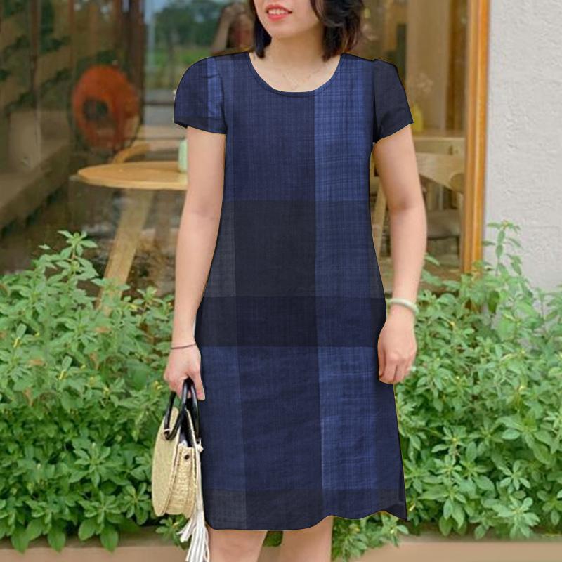 

ZANZEA Женское летнее платье с круглым вырезом, короткими рукавами и принтом в клетку 3XL тёмно-синий