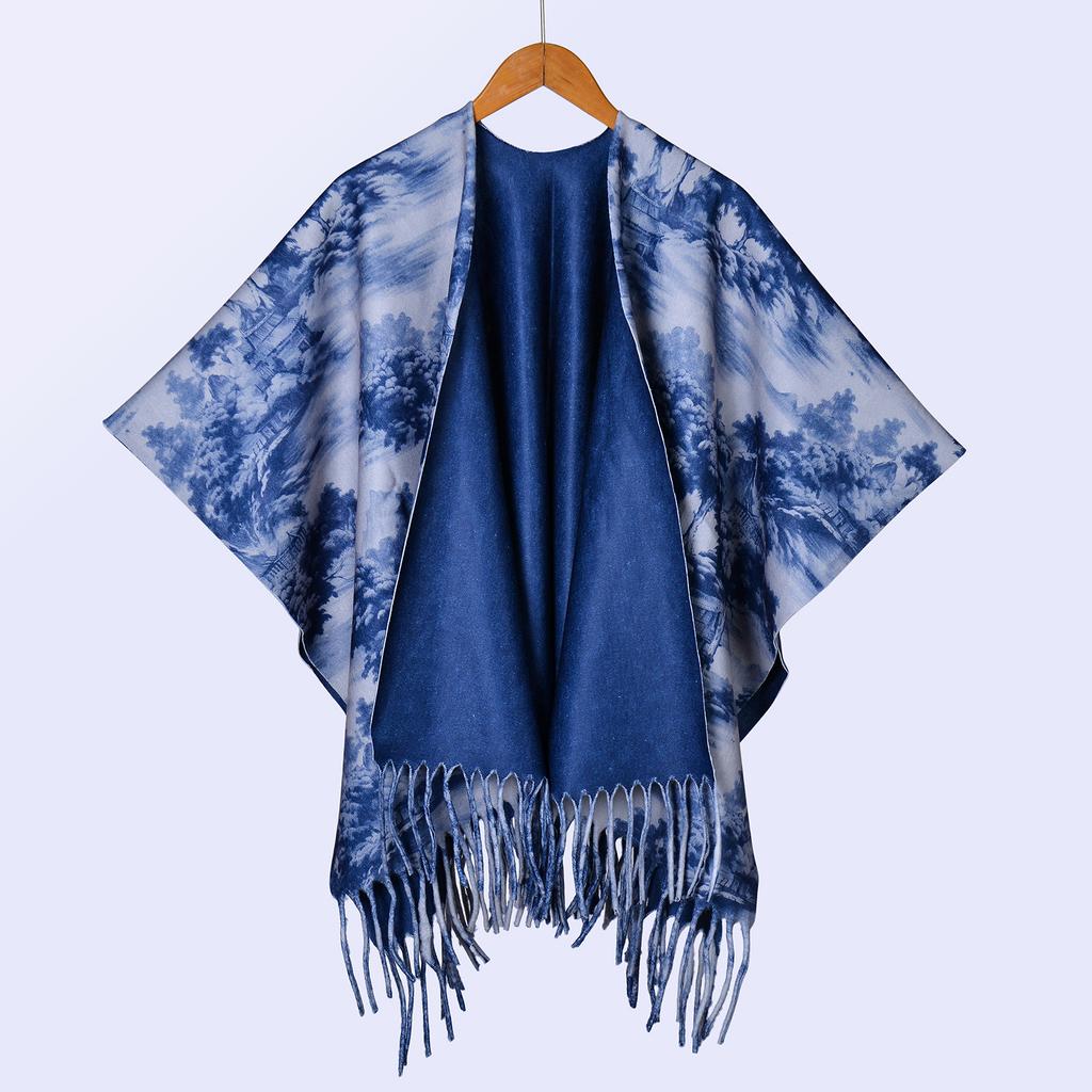 New National Style Ink Double-sided Thickened Shawl with Women's Autumn and Winter Retro High-end Photo Shawl Large Cape