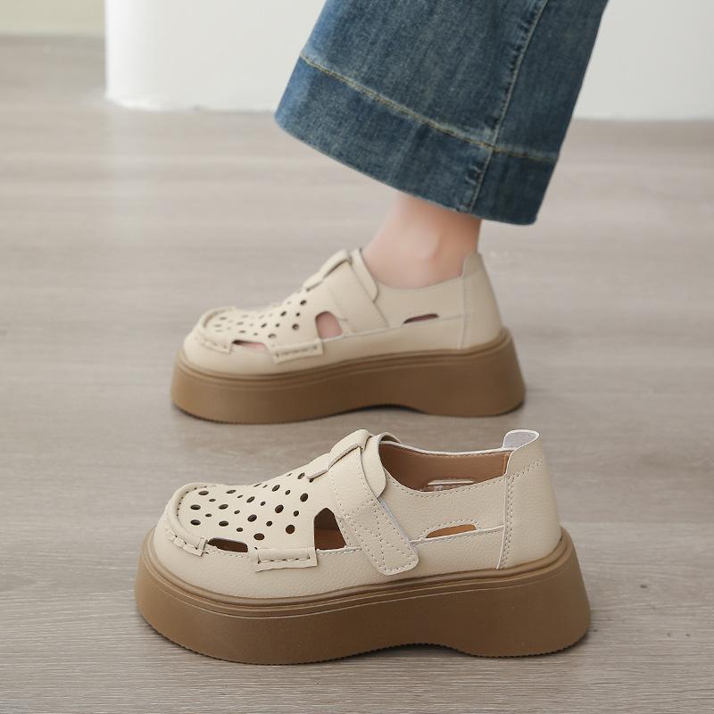 Hollow Shoes Women's 2025 New Summer with Skirt Big Head Beanie Shoes Platform Velcro Commuter Shoes