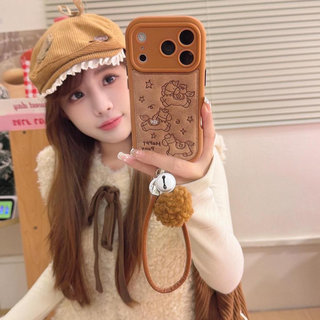 Embossed Brown Lucky Horse iPhone 17 Pro Max Crossbody Case for Autumn & Winter
